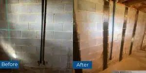 Before and after photos of stair-step cracks carbon fiber installation in Gore, VA, for foundation wall stabilization.