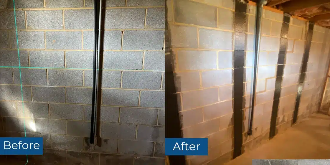 Before and after photos of stair-step cracks carbon fiber installation in Gore, VA, for foundation wall stabilization.