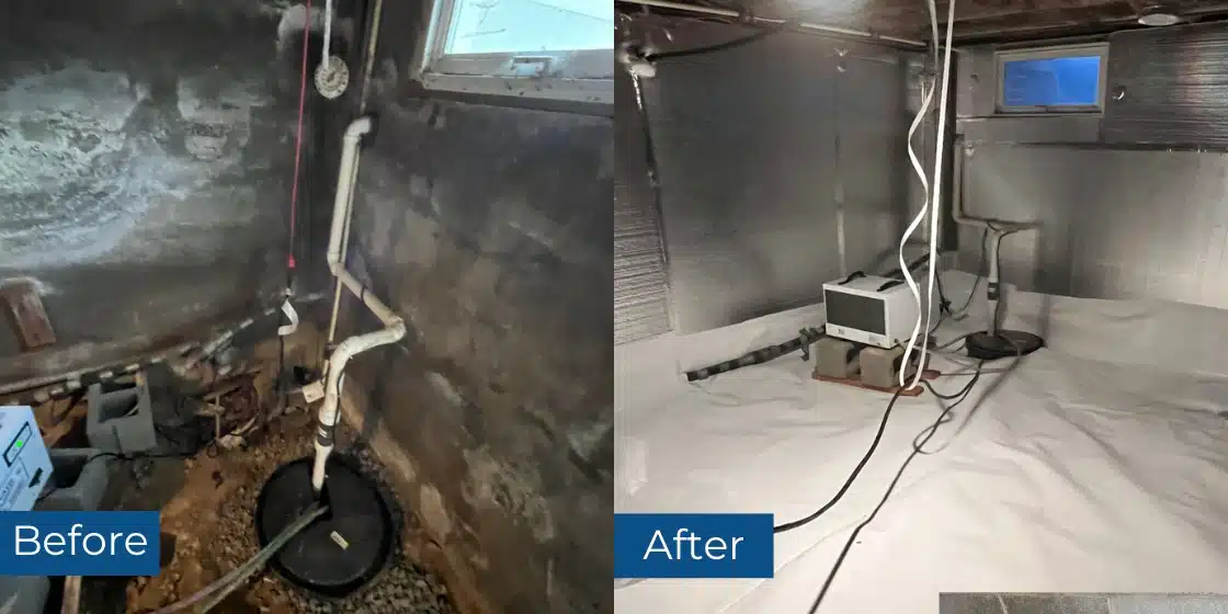 Before and after photos of crawl space encapsulation eliminating the crawl space humidity in Maurertown, VA.