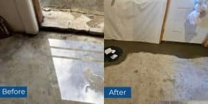 Before and after photos of leak basement repair in Stephens City, VA, showing effective prevention of water intrusion.