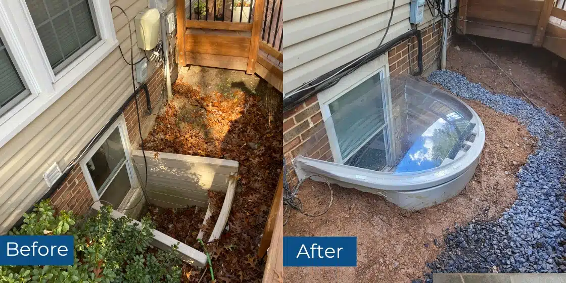 Before and after photos of the window well drainage solutions in Burke, VA, featuring a French drain and egress window well replacement.