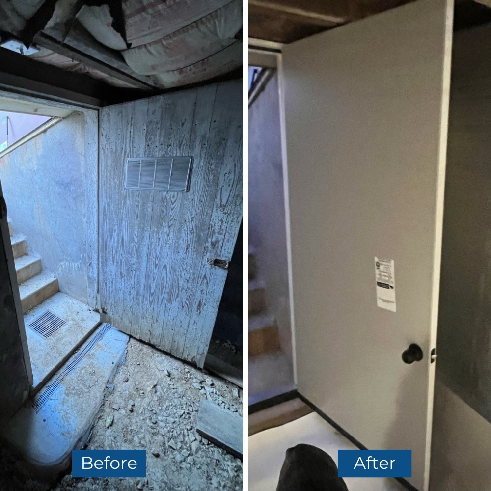 Step 2: Replacing crawl space doors to block air infiltration and reduce crawl space humidity.