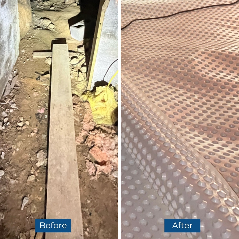 Step 3: Layed drainage matting in the crawl space to manage crawl space humidity and ensure proper drainage.