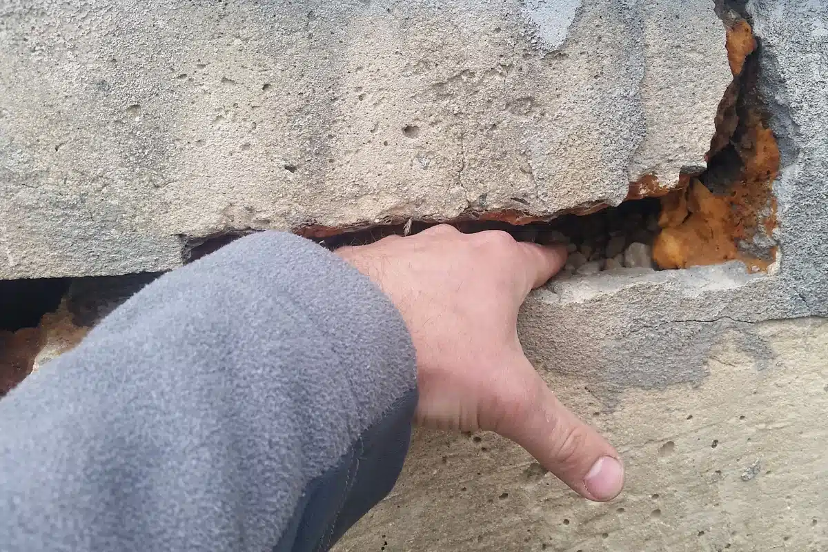 Large foundation cracks damaged from an earthquake, showing how natural disasters in Reston, VA, lead to foundation damage.