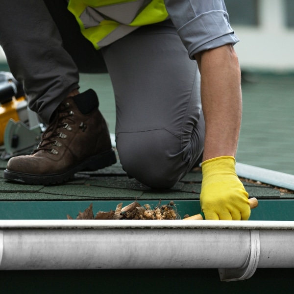 Professional cleaning gutters to properly channel water and avoid foundation damage caused by inadequate drainage in Linden, VA.