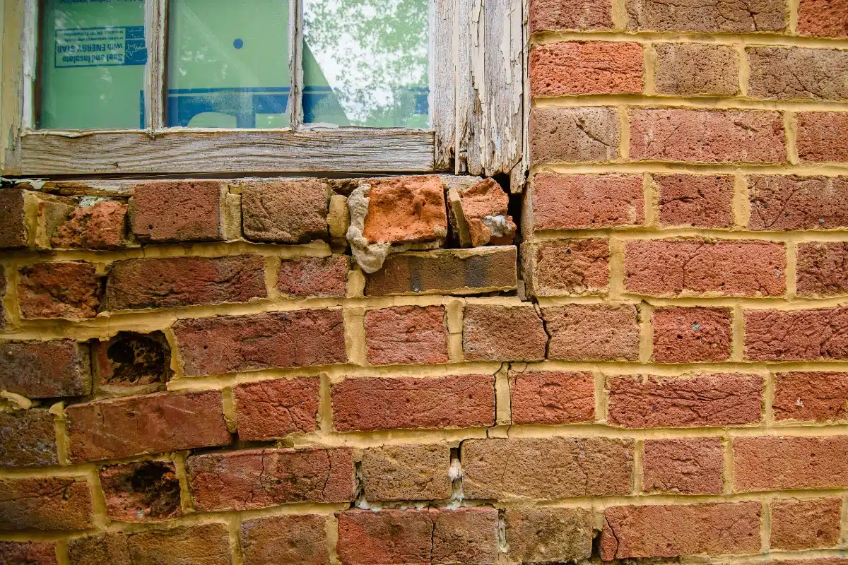 Foundation brick wall with cracks due to poor construction practices causing exceeding support capacity in Gainesville, VA.