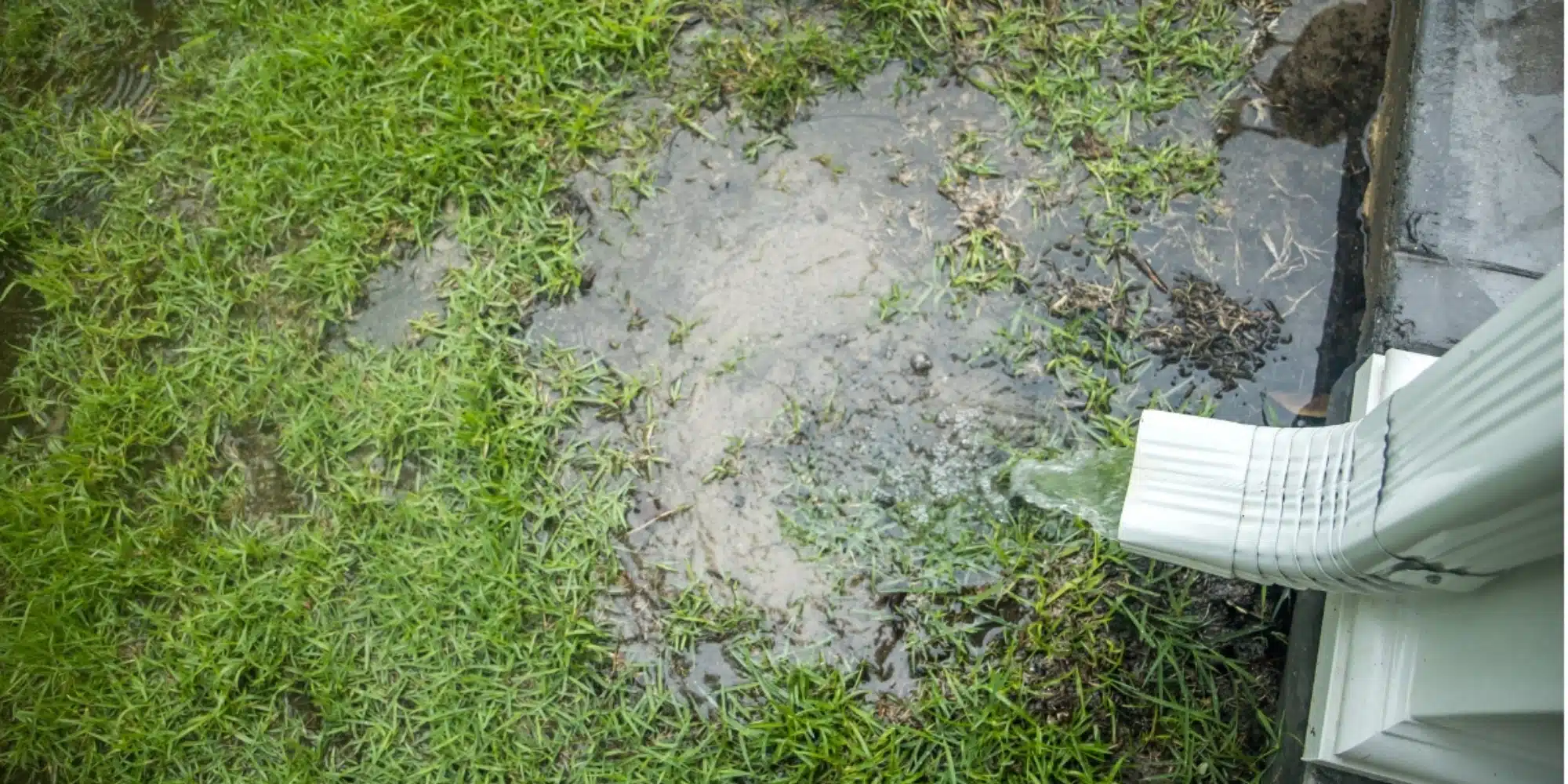 Water pooling near a foundation due to a damaged downspout, highlighting the dangers of inadequate drainage in Northern Virginia.