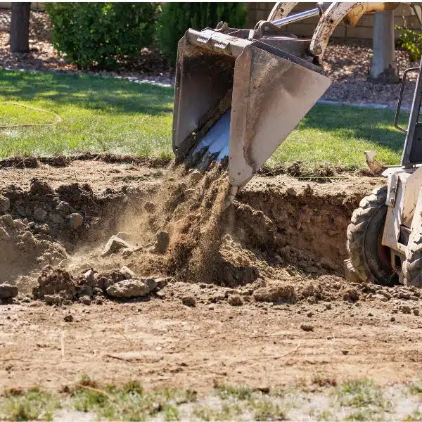 Bulldozer pours soil to regrade the landscape around a home to avoid water damage from inadequate drainage in Flint Hill, VA.