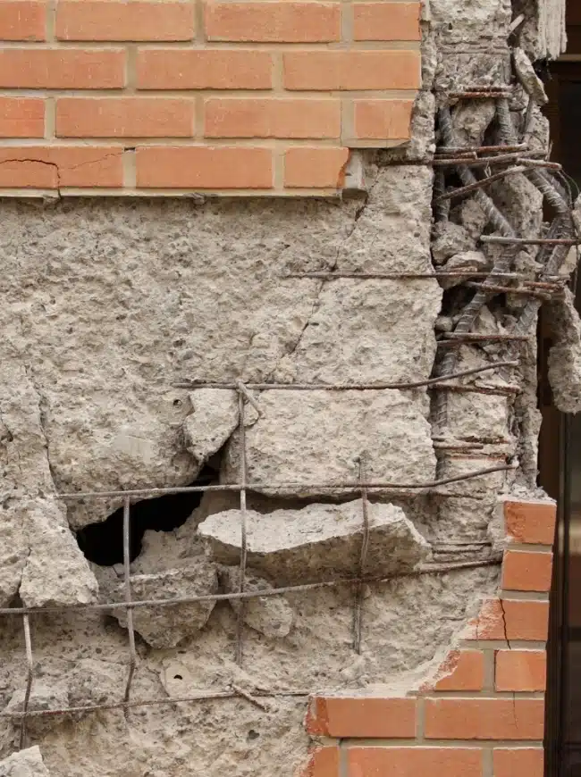 Severely bowing foundation wall caused by substandard materials, highlighting poor construction practices in Manassas, VA.