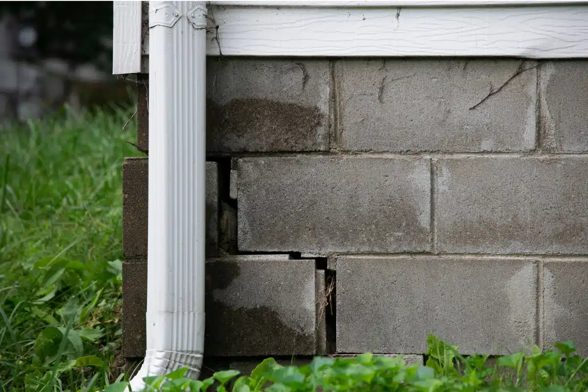 Downspout too close to foundation wall, showing poor drainage causing water seepage and excessive moisture in Reston, VA.