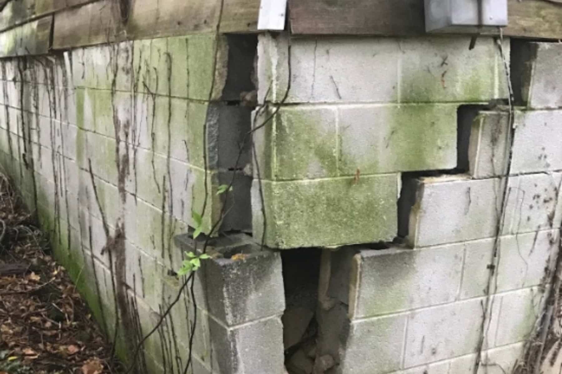 Wide foundation cracks caused by soil contraction during droughts and heavy rainfalls in Reston, VA.