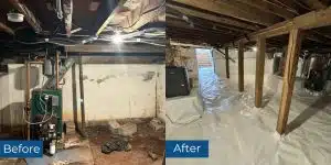 Before and after photos of crawl space restoration in Manassas, VA, solving structural and moisture issues.