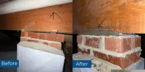 Before and after photos of encapsulation and crawl space support beam reinforcement in Charles Town, WV, solving structural and moisture issues.