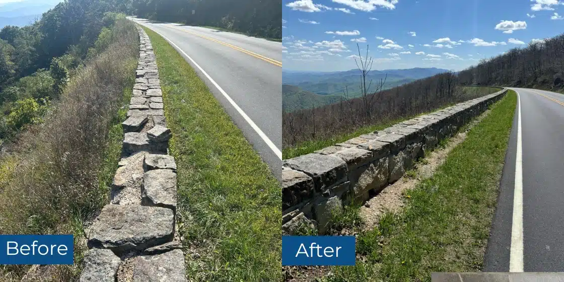 Before and after historic stone wall restoration and masonry repair on Skyline Drive in Shenandoah National Park.