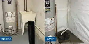 Before and after photos of basement waterproofing in Fairfax, VA, solving basement leaks when it rains with drainage solutions.