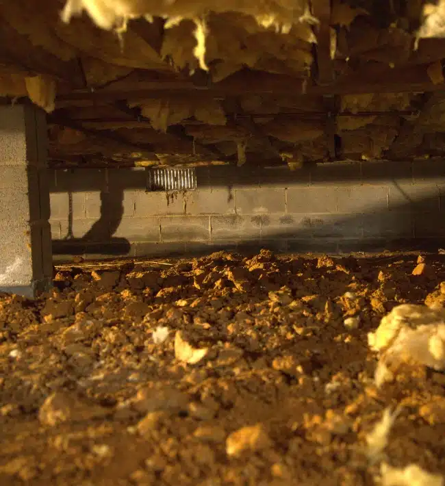 Crawl space with exposed soil, showing dirt crawl space as a cause of issues requiring crawl space repair in Southbridge, VA.