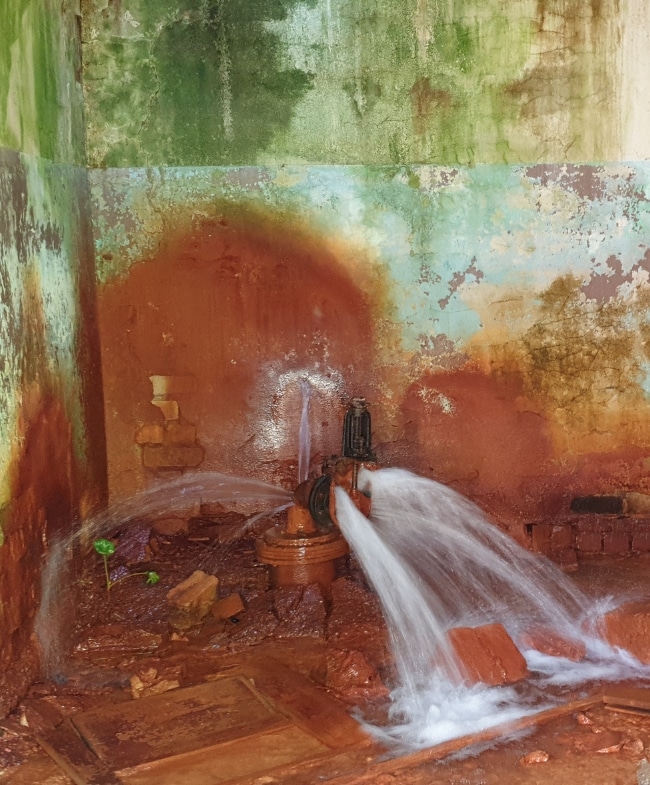 Broken water lines bursting water in crawlspace causing damp and weakened wooden supports, needing crawlspace repair in Berryville, VA.