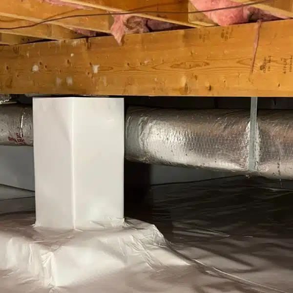 Repaired crawl space beam with durable treated wood to restore structural integrity from improper support system in Alexandria, VA.