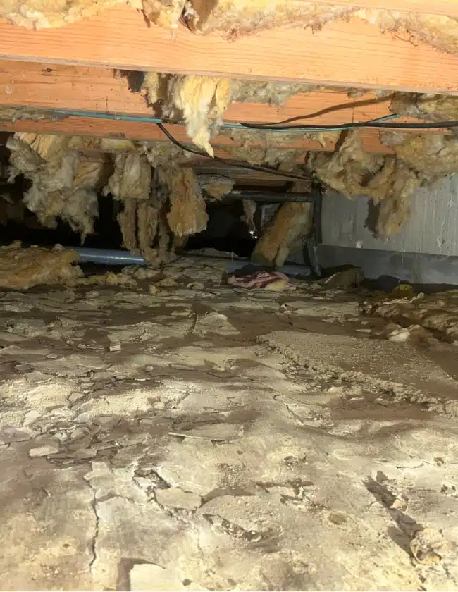 Crawl space with poor insulation, causing high energy bills, cold floors, mold, and moisture damage needing repair in Fairfax, VA.