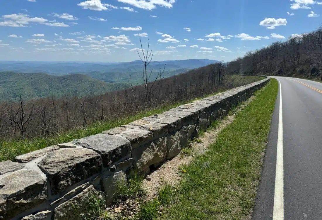 Restored stone wall along Skyline Drive in Shenandoah National Park with repointed mortar and reinforced structural stability.