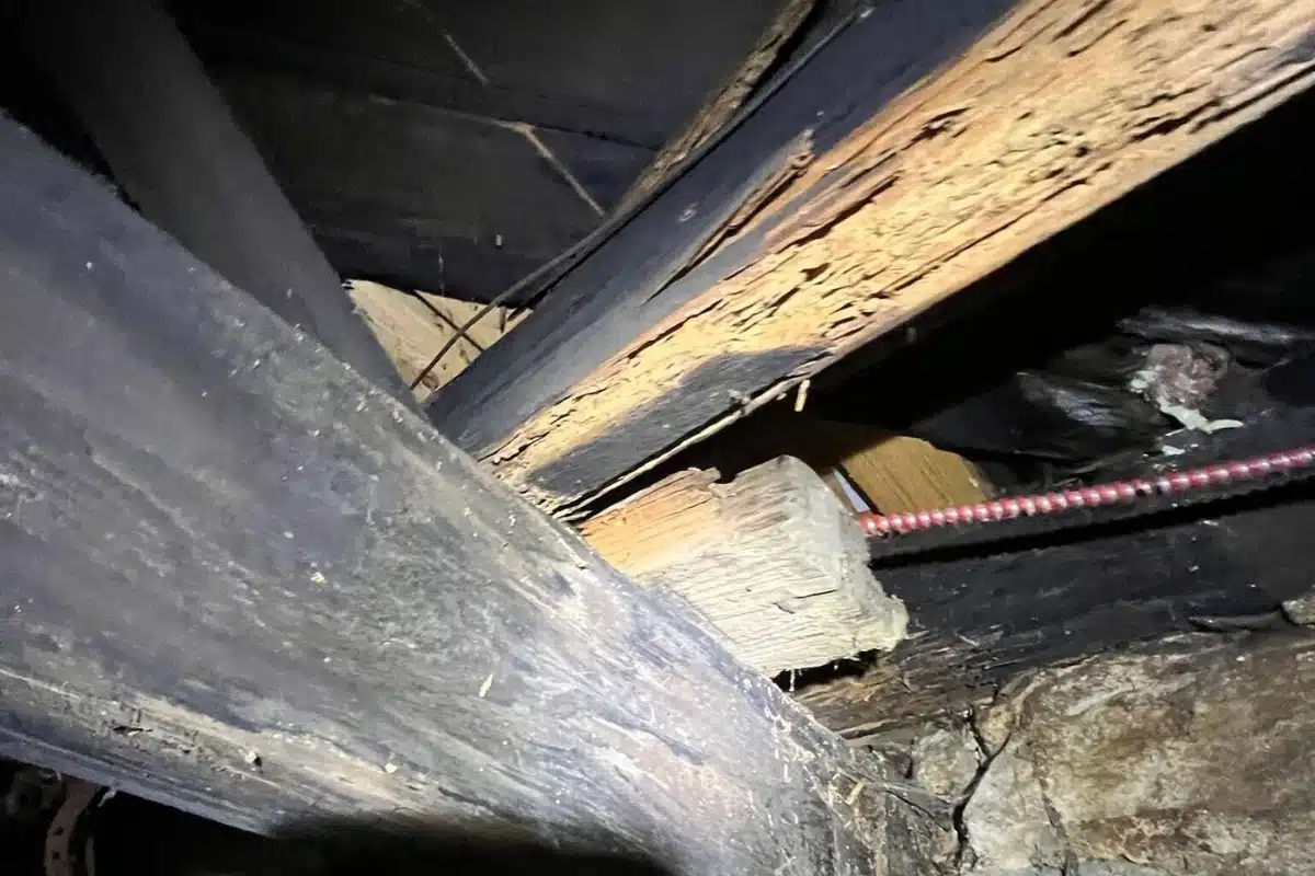 Rotted and damaged wooden floor joists caused by high moisture levels due to exposed dirt crawl space in Warrenton, VA.