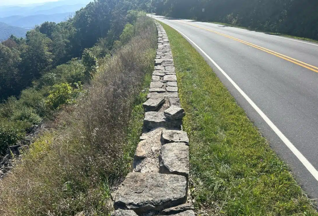 Weathered stone walls along Skyline Drive in Shenandoah National Park before wall restoration and masonry repair.