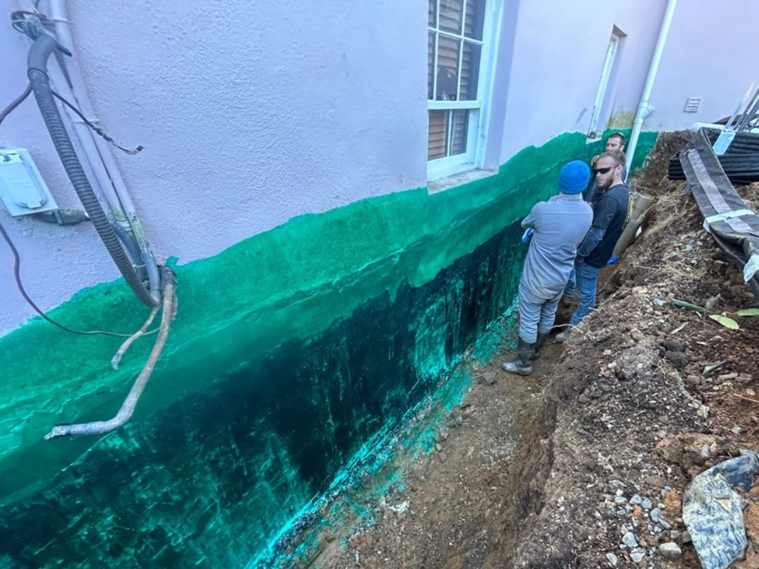 Applied liquid waterproofing membrane to foundation walls for moisture protection at an exterior waterproofing in Warrenton, VA.
