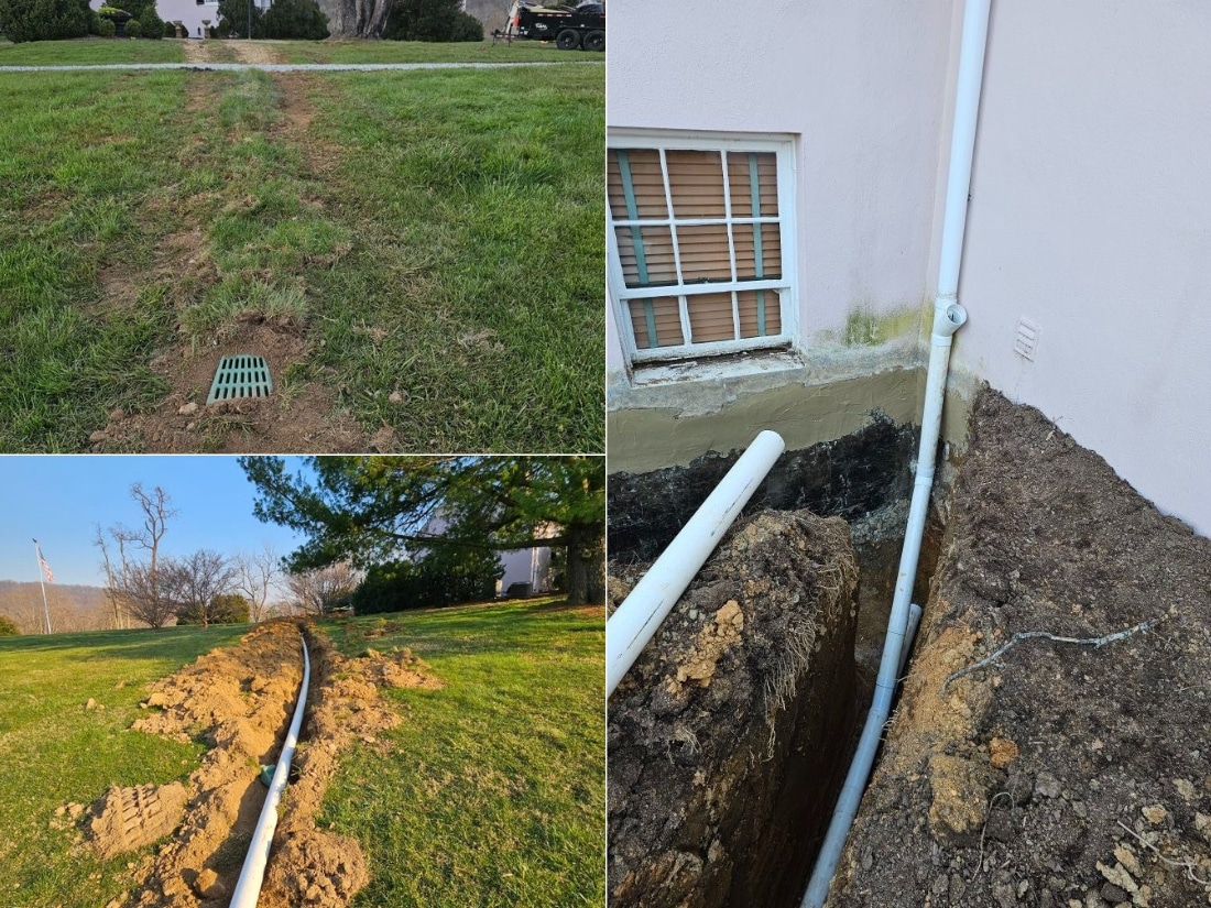 Extended downspouts installed to prevent water pooling and erosion during exterior waterproofing in Manassas, VA.