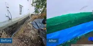 Before and after exterior foundation waterproofing of a historic home in Markham, VA, showing improved drainage and stonework.