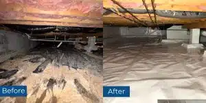 Before and after musty crawl space smell elimination in Winchester, VA, with full repair and encapsulation.