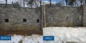 Before and after cracked retaining wall repair in Oakton, VA, showing structural reinforcement with helical tieback anchors.