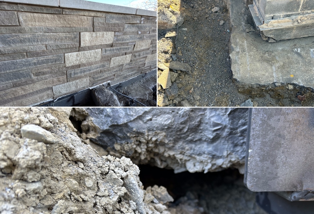 Settling supports wall at Frederick County Public Schools before retaining wall stabilization in Berryville, VA.
