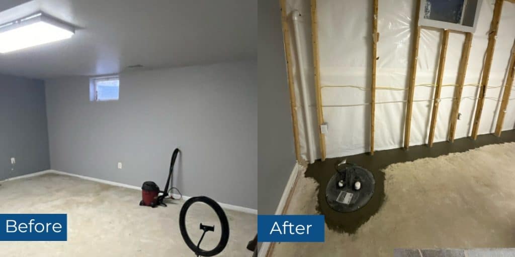 Before and after images of basement sump pump installation in Charles Town, WV, solving water intrusion and protecting the foundation.