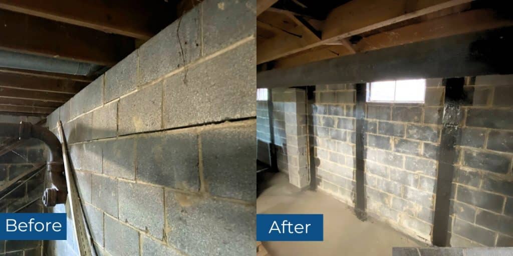 Before and after carbon fiber straps foundation repair in Winchester, VA, reinforcing basement foundation walls for stability.