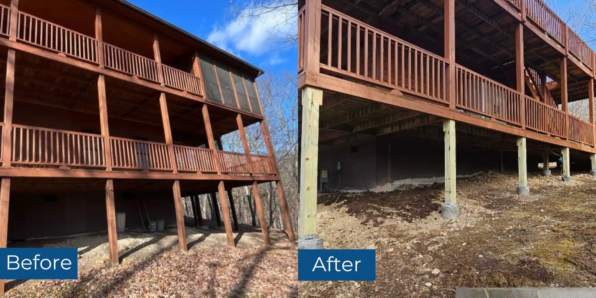 Before and after images of deck support post replacement in Baker, WV, improving structural stability and long-term durability.