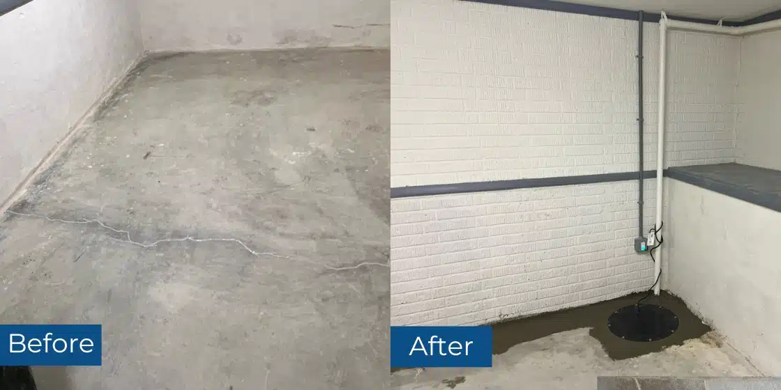 Before and after interior basement drainage system installation in Front Royal, VA, showing drain and sump pump for waterproofing.