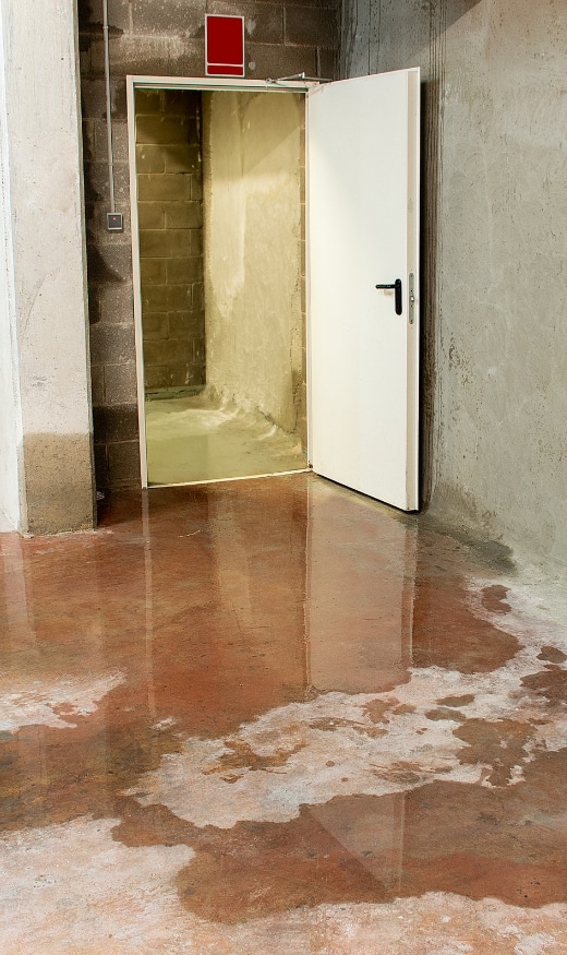 Basement with water seepage, causing basement water damage in Burke, VA, requiring professional waterproofing solutions.