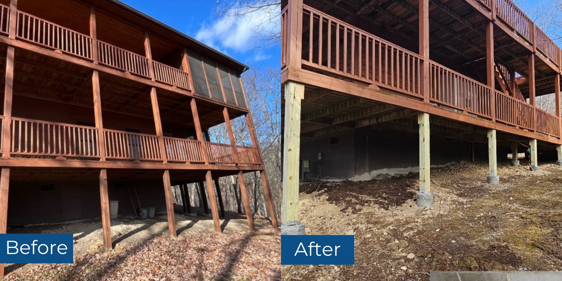Before and after images of deck support post replacement in Baker, WV, improving structural stability and long-term durability.