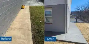 Before-and-after images showing how push piers and slab replacement resolved the shifting church foundation in Rileyville, VA.