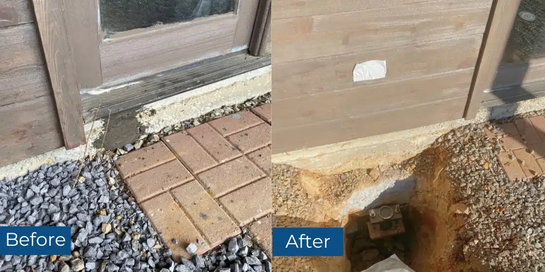 Before and after foundation sinking repair with push piers and wall pins in Berryville, VA, restoring structural stability.