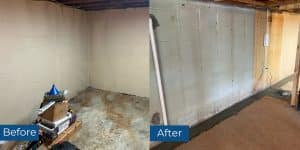 Before and after images showing how an interior drainage system resolved water in basement issues in Front Royal, VA.