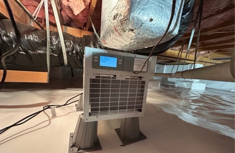 Crawl space dehumidifier installation in Front Royal, VA, reducing moisture to prevent mold and improve air quality beneath a home.