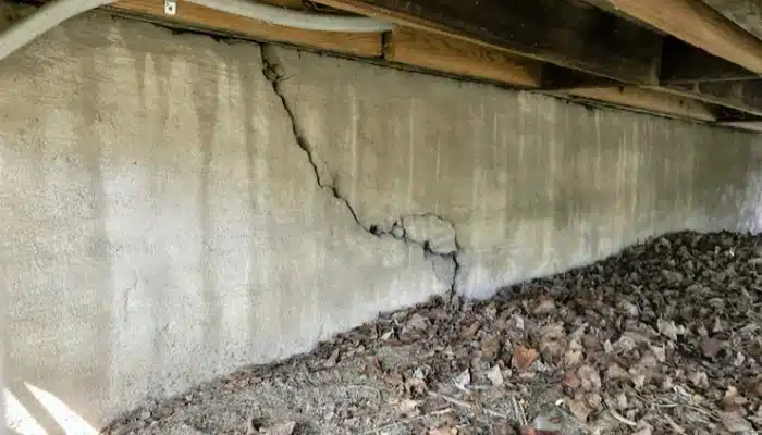 Huge foundation cracks in Fairfax, VA, threatening the structural integrity of a home, requiring expert crawl space repair service.
