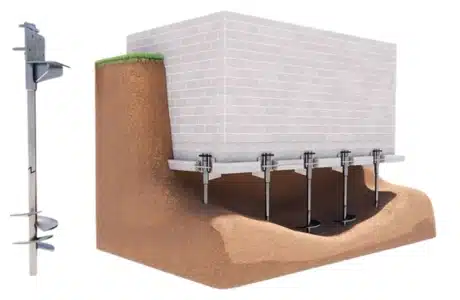 Illustration of helical piers installation in Alexandria, VA, drilled into stable soil to support a shifting foundation.