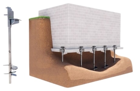 Illustration of helical piers installation in Berryville, VA, to stabilize homes with shifting foundations, with screw-like anchors.