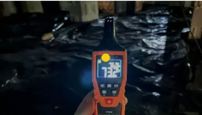 Hygrometer measuring high crawl space humidity in Fairfax, VA, indicating the need for expert crawl space repair service.