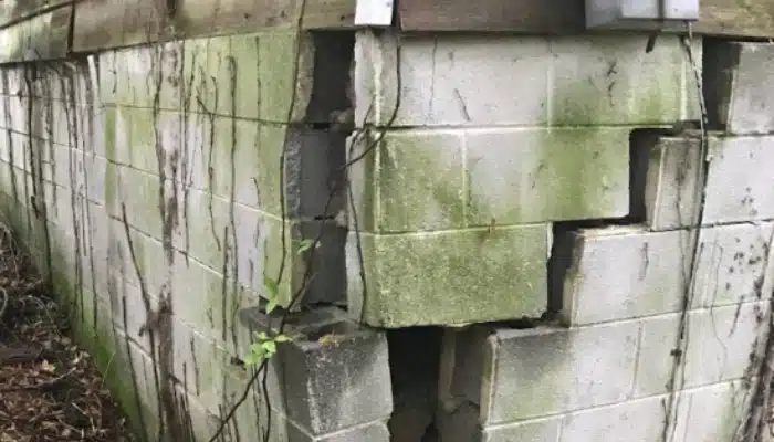 A sinking foundation in Burke, VA, with visible cracks, requires professional foundation repair services to restore stability.
