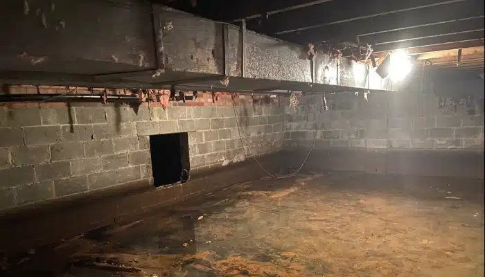 Damp crawl space in Fairfax, VA, requiring professional crawl space repair service to address moisture issues.
