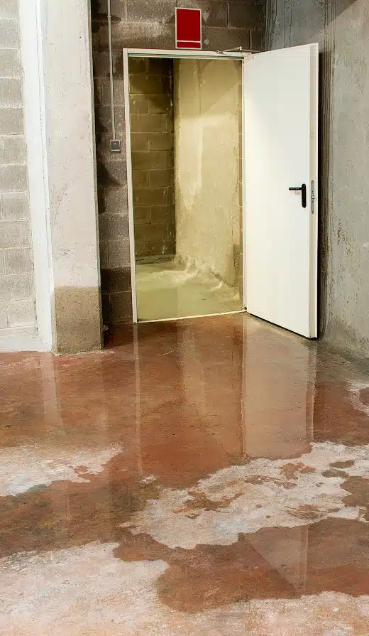 Basement floor showing water seepage, a common cause of basement water damage in Charles Town, WV, needing expert waterproofing.