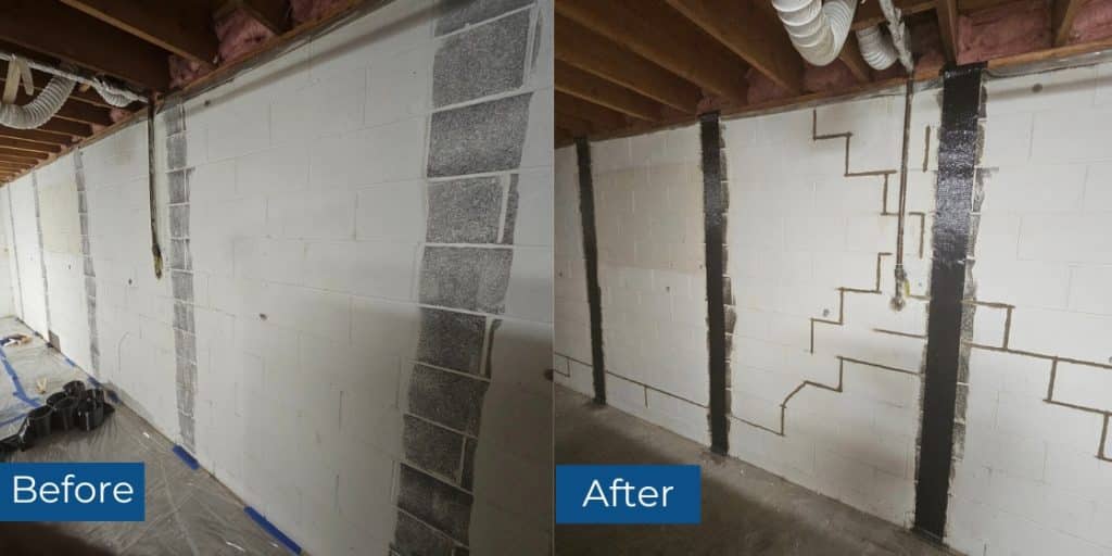 Before and after images of basement wall crack repair in Winchester, VA, with carbon fiber reinforcement to stabilize the foundation.